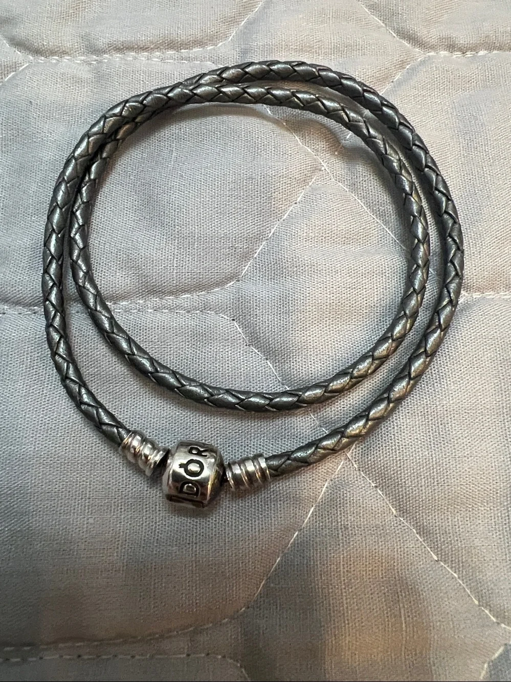 Pandora Double Metallic Light Grey Leather Bracelet Sterling Silver 15”